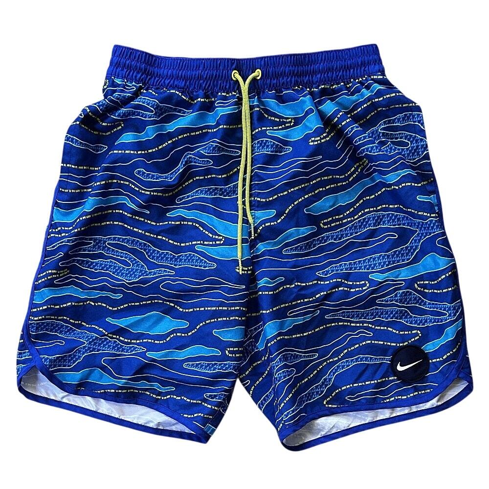 Nike Logo 'Just Do It' Lined Blue & Yellow Swim Shorts Trunks Men's Large